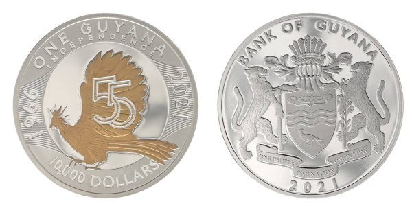 10,000 Guyana Dollars 2021 BU .999 Gold Plated Silver Coin In Box