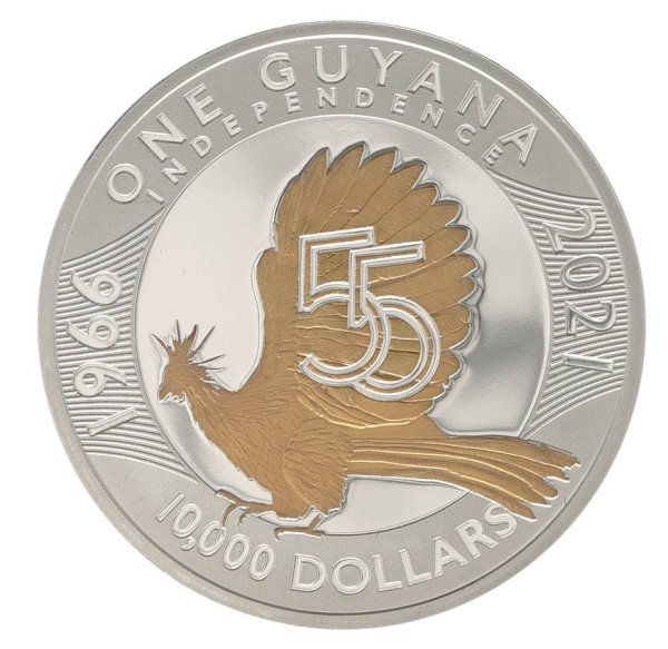 10,000 Guyana Dollars 2021 BU .999 Gold Plated Silver Coin In Box