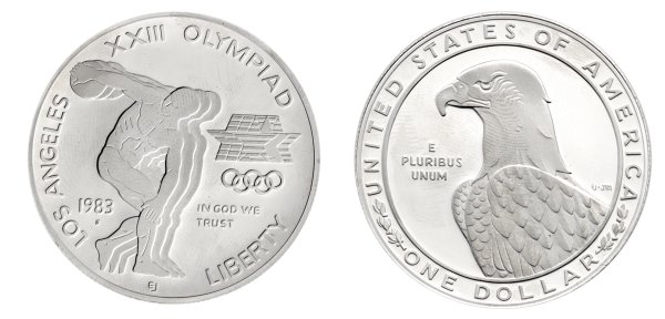 1 Olympic Games In Los Angeles Dollar 1983 Proof w/ Toning .900